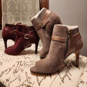 2 PAIRS Marc Fisher NEW LEATHER 7 1/2 BOOTIES- GRAY/TAN and BURGANDY, BOTH $45